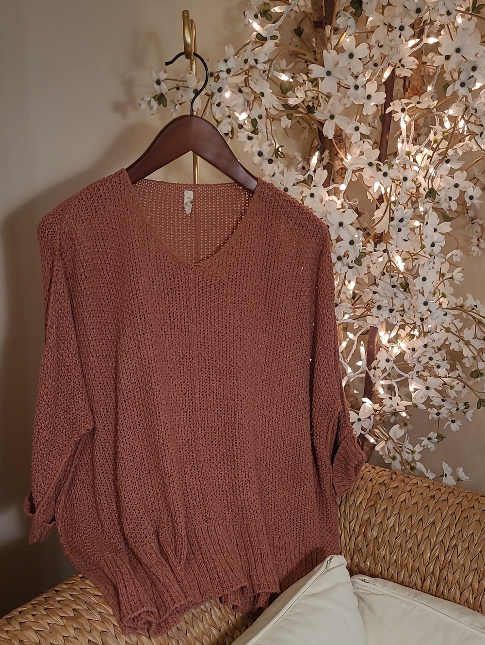 Beautiful Terracotta Open Knit Split Hem Oversized Sweater